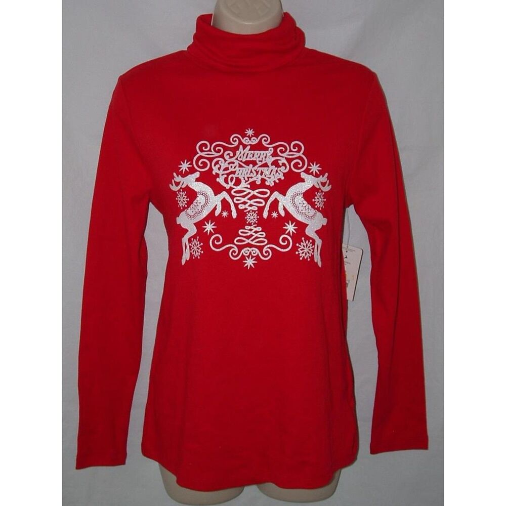 NEW Red Sz Large (12-14) Soft Stretchy Cotton CHRISTMAS REINDEER Turtleneck Top